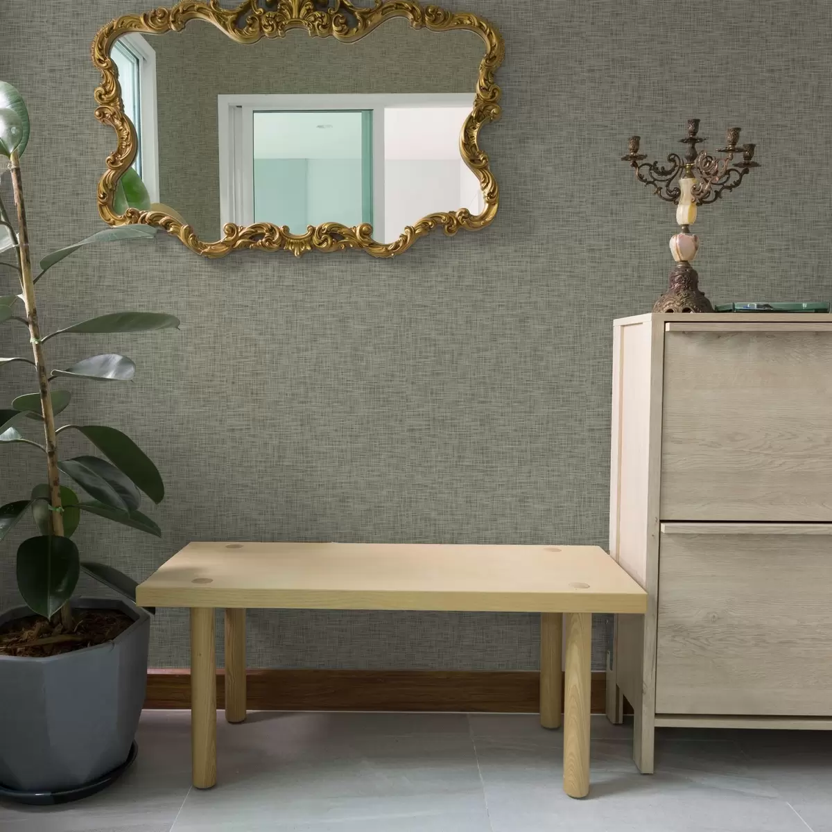 Wallpaper Textura țesăturii gri-verde, model grilă de in a00235