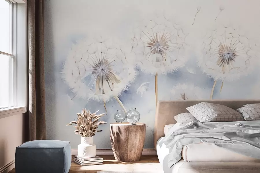 fototapet Păpădii texturate cu semințe plutind în aer, fundal albastru deschis și alb, stil de desen delicat și moale w09190