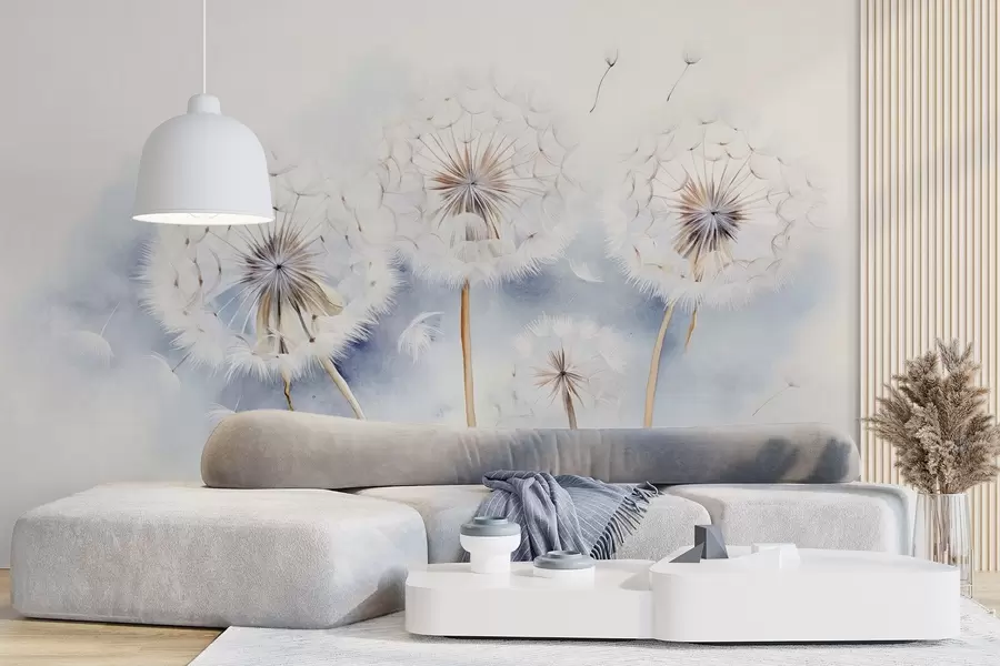 fototapet Păpădii texturate cu semințe plutind în aer, fundal albastru deschis și alb, stil de desen delicat și moale w09190