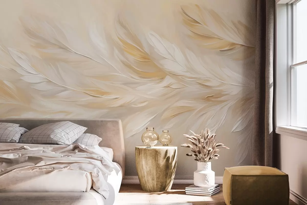 fototapet Pene albe și bej aranjate într-o imprimare care curge, textura moale, paleta de culori calde, fundal abstract w09191