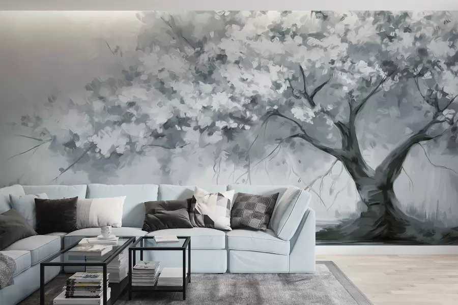 fototapet Copac cu flori albastre abstracte în plină înflorire, lângă un râu, tușe de pensulă cu textură moale și culori pastelate w09193v2