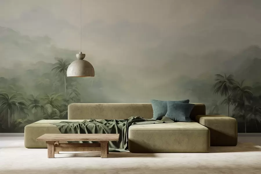 fototapet Gungle peisaj cu palmieri verzi luxuriante și dealuri , culori pastelate moi, imitație pictură texturată w09194