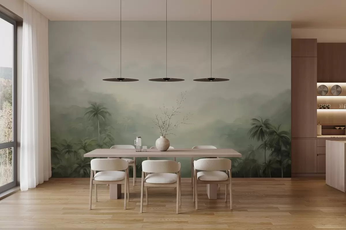 fototapet Gungle peisaj cu palmieri verzi luxuriante și dealuri , culori pastelate moi, imitație pictură texturată w09194