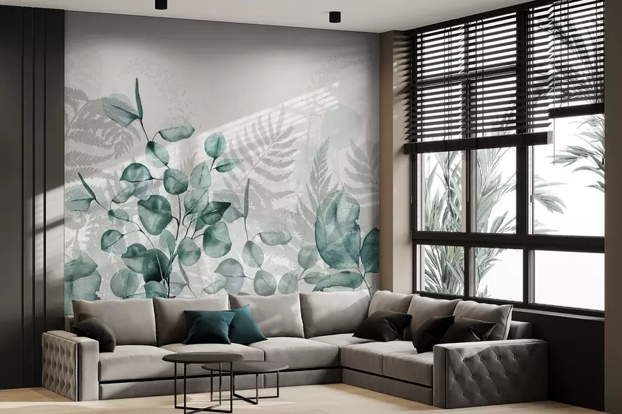 fototapet Eucalipt și frunze de ferigă în nuanțe de verde și gri, efect de acuarelă , ilustrație botanică w09197