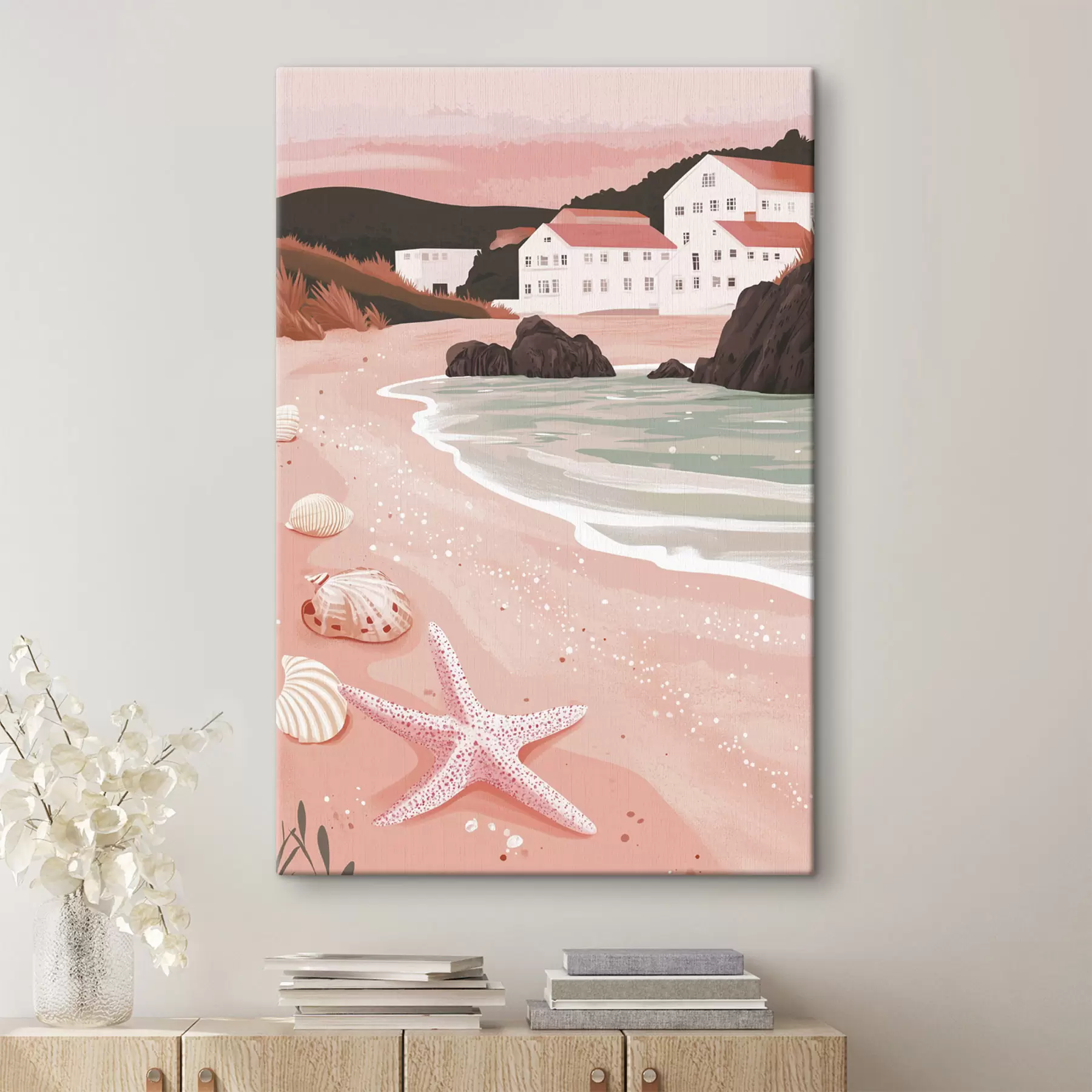 Tablouri Plajă roz confortabilă cu case albe și scoici  s44713