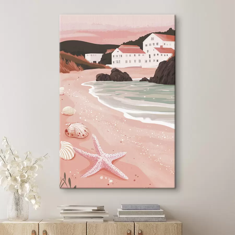 Tablouri Plajă roz confortabilă cu case albe și scoici  s44713