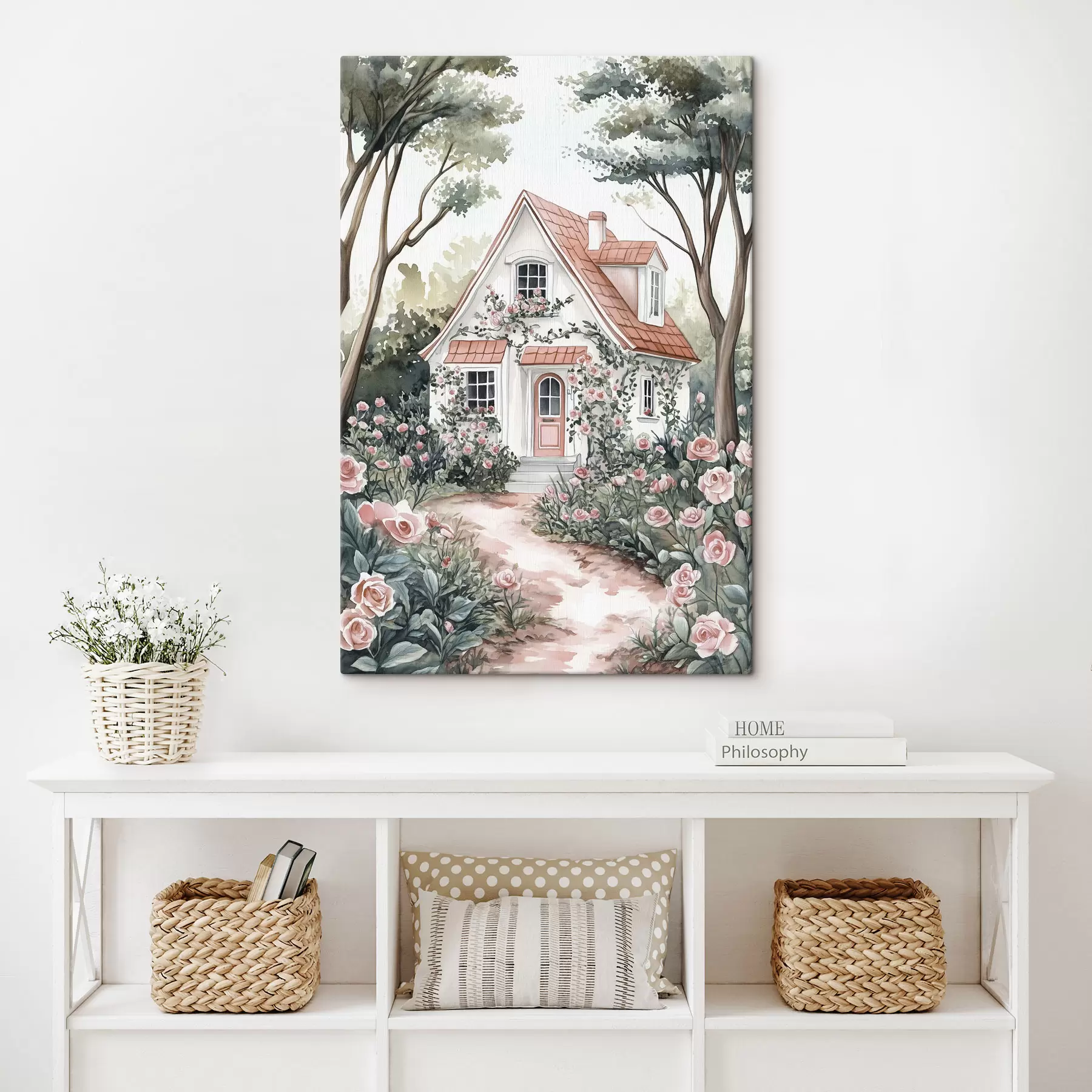 Tablouri Casă albă cu grădină de trandafiri în pădure s44716