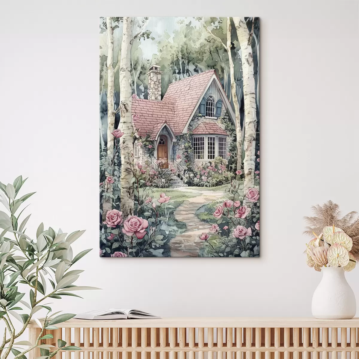 Tablouri Casă frumoasă în copaci de mesteacăn, grădină de trandafiri s44721