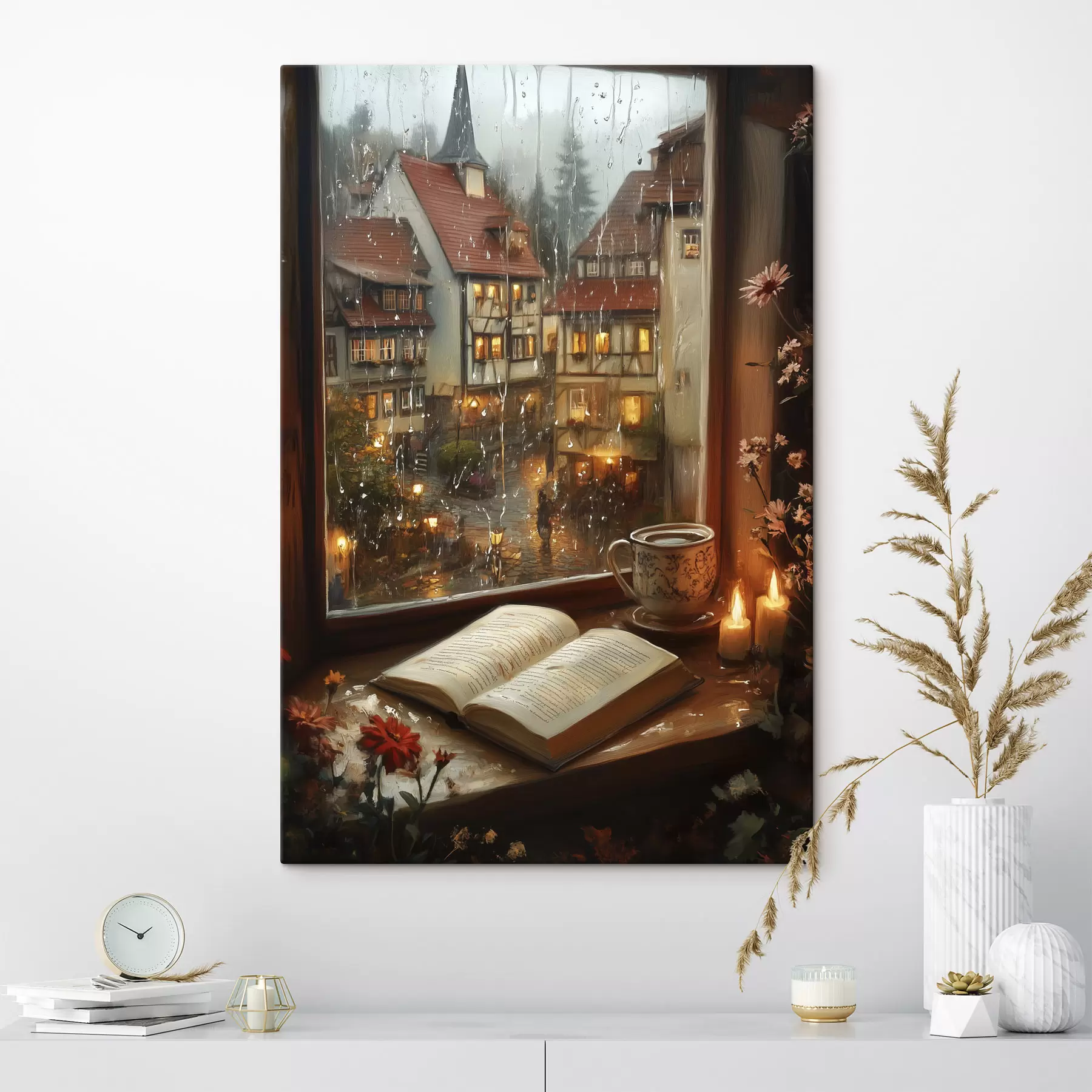 fototapet Carte pe pervazul ferestrei, lumânări, zi ploioasă, confortabil s44722