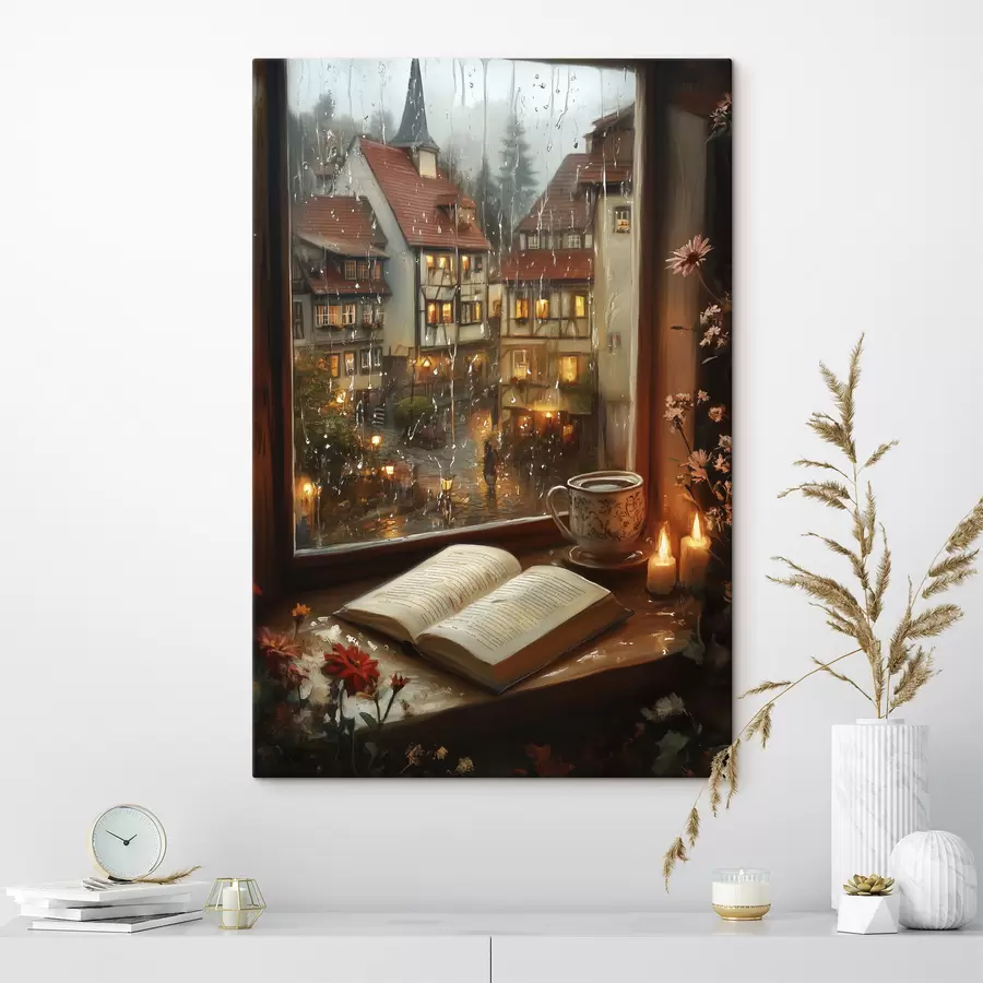 Tablouri Carte pe pervazul ferestrei, lumânări, zi ploioasă, confortabil s44722