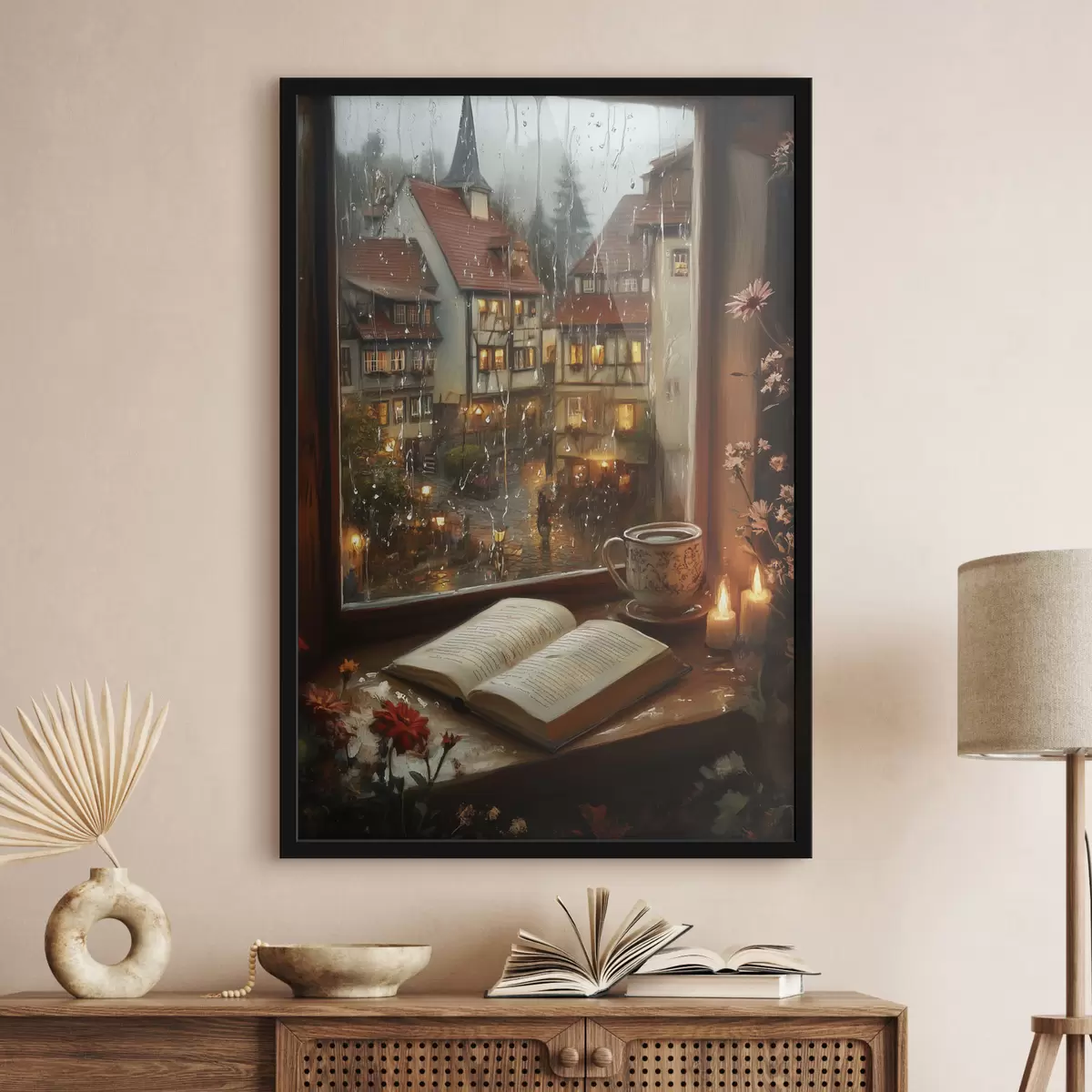 Poster Carte pe pervazul ferestrei, lumânări, zi ploioasă, confortabil f44722