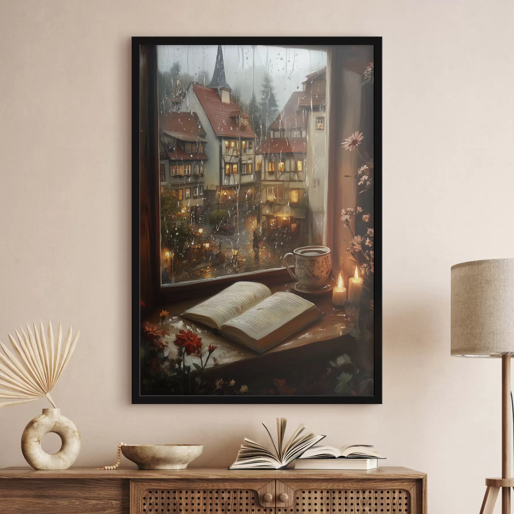 fototapet Carte pe pervazul ferestrei, lumânări, zi ploioasă, confortabil f44722