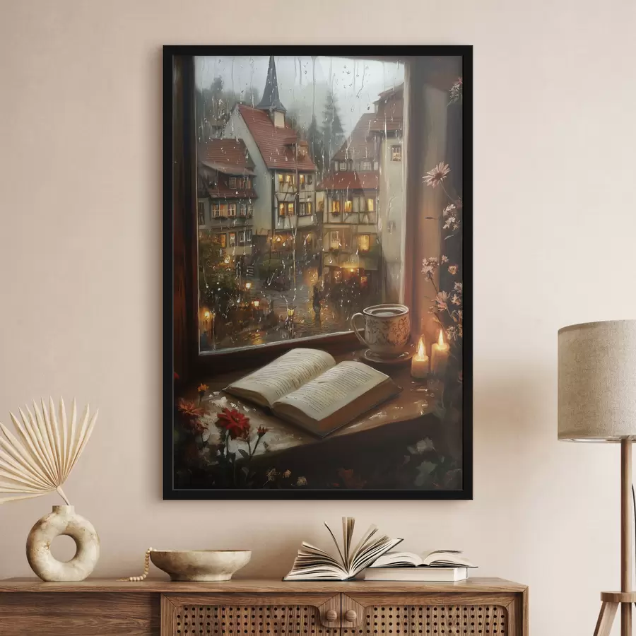 Tablouri Carte pe pervazul ferestrei, lumânări, zi ploioasă, confortabil f44722