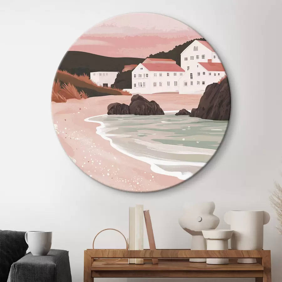 Tablouri Plajă roz confortabilă cu case albe și scoici r44713