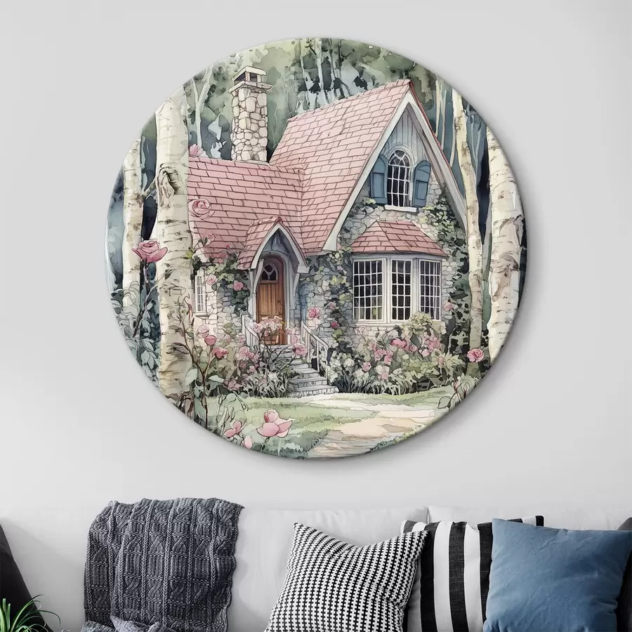 Tablouri Casă frumoasă în copaci de mesteacăn, grădină de trandafiri r44721