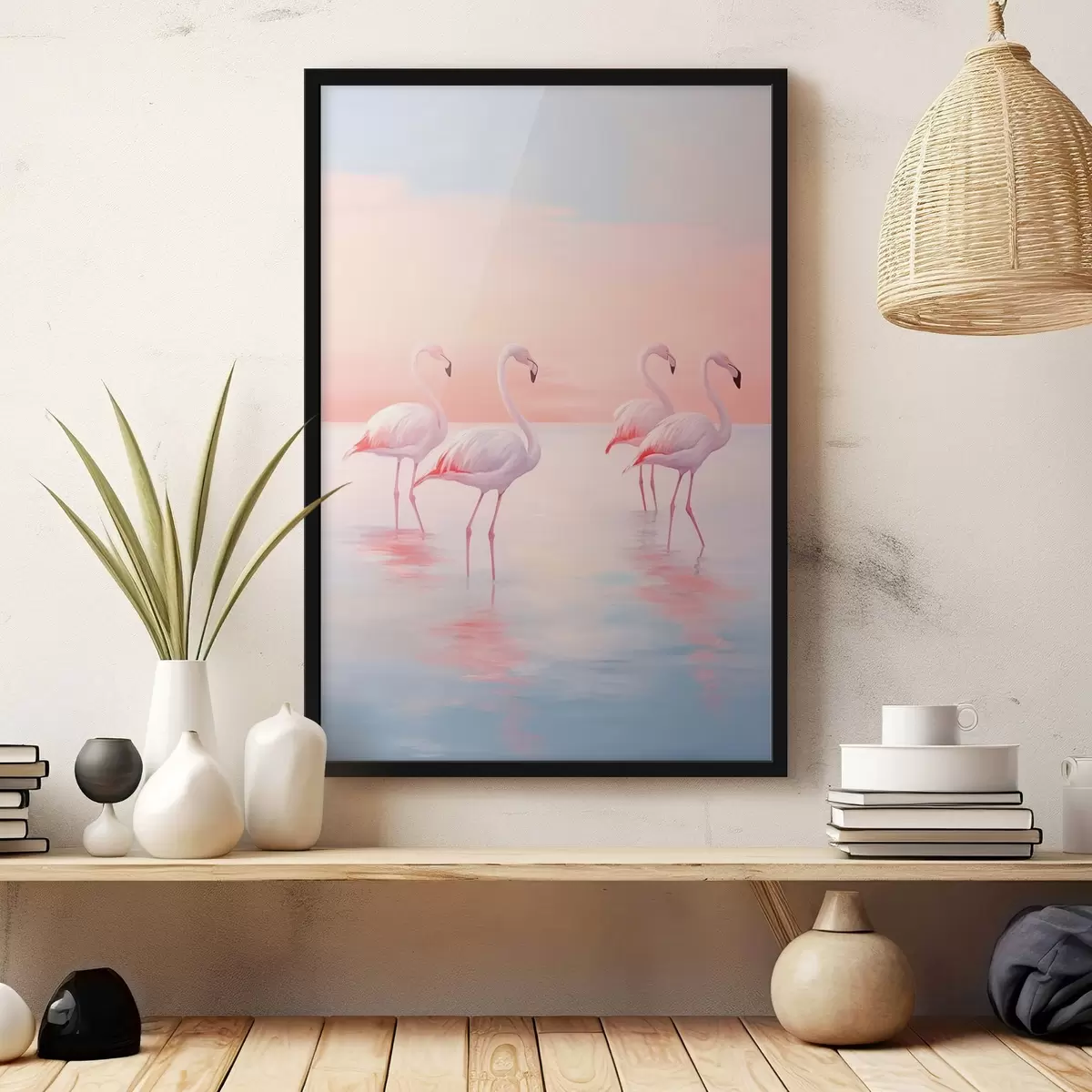 Poster Flamingo în apă puțin adâncă la apus de soare f44732