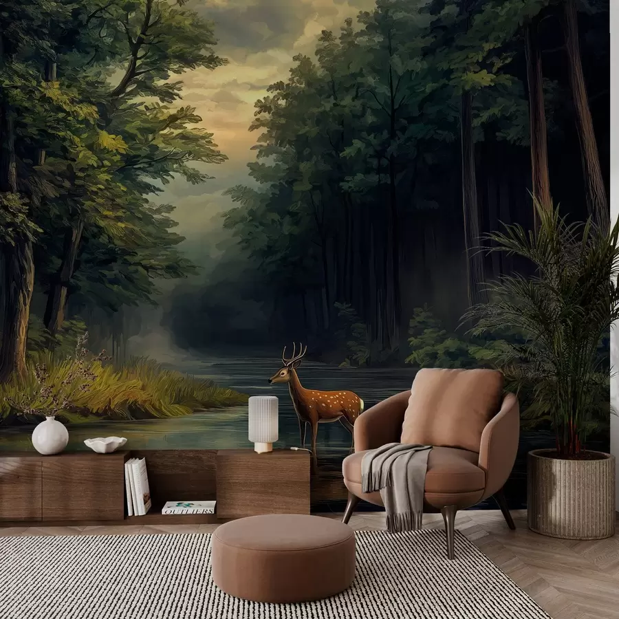 fototapet Pădure cu căprioare și râu în stilul picturii olandeze în ulei w04072