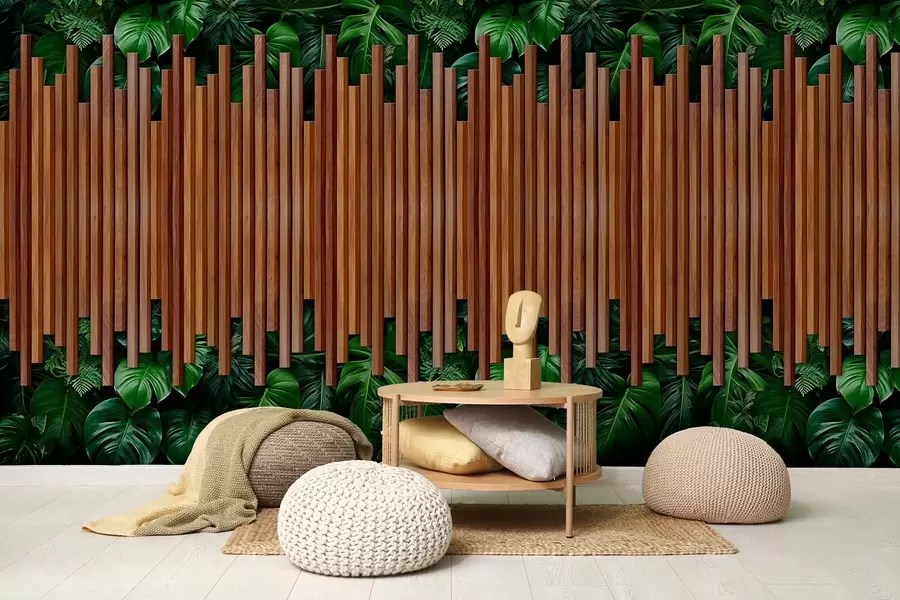 fototapet Imitație de panouri din lemn și perete verde w04138