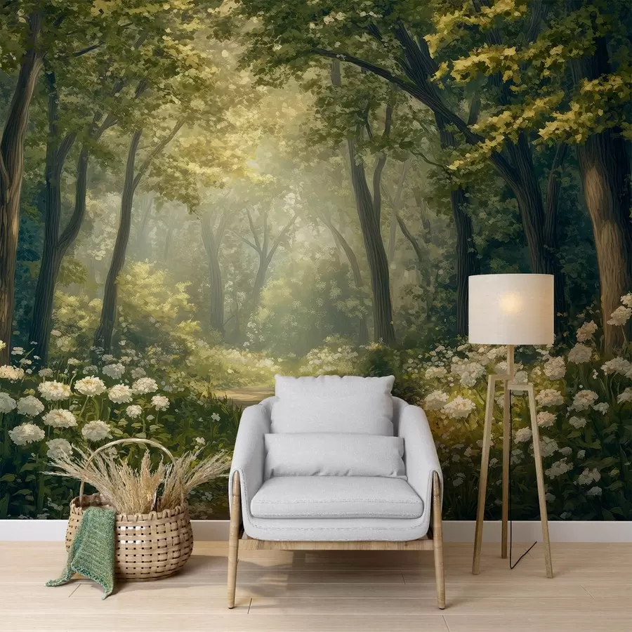 fototapet Cărare în pădurea verde, flori albe, lumina soarelui, desen în stil acrilic w04119