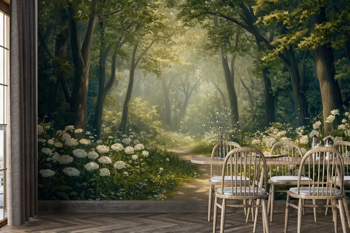 fototapet Cărare în pădurea verde, flori albe, lumina soarelui, desen în stil acrilic w04119