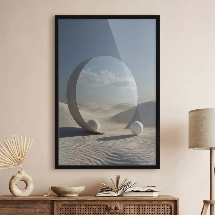 fototapet Peisaj deșertic suprarealist cu o oglindă rotundă care reflectă cerul și luna f44792