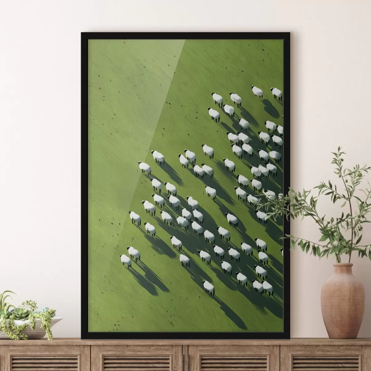 Poster Câmp verde cu o turmă de oi, abstracție, vedere aeriană f44793