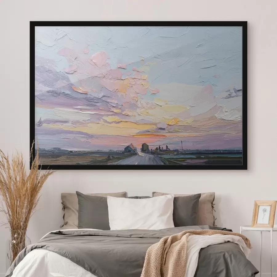 fototapet Peisaje rurale în stilul ulei desen, apus de soare f44794