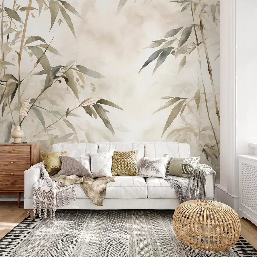 fototapet Bambus ramuri texturate cu frunze într-un stil acuarelă, paletă de culori neutre moi, fundal bej deschis w09204