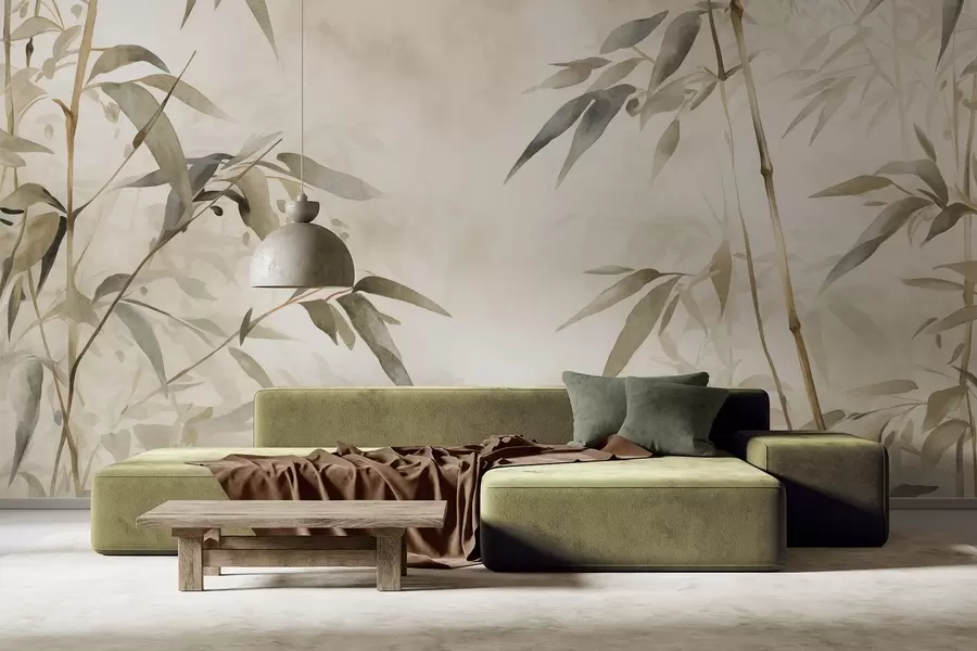 fototapet Bambus ramuri texturate cu frunze într-un stil acuarelă, paletă de culori neutre moi, fundal bej deschis w09204