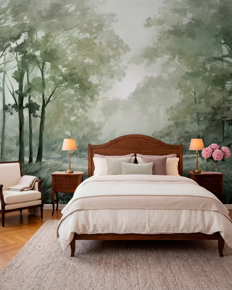fototapet Peisaj forestier texturat, copaci cu frunze verzi, paletă de culori pastelate w09210v2