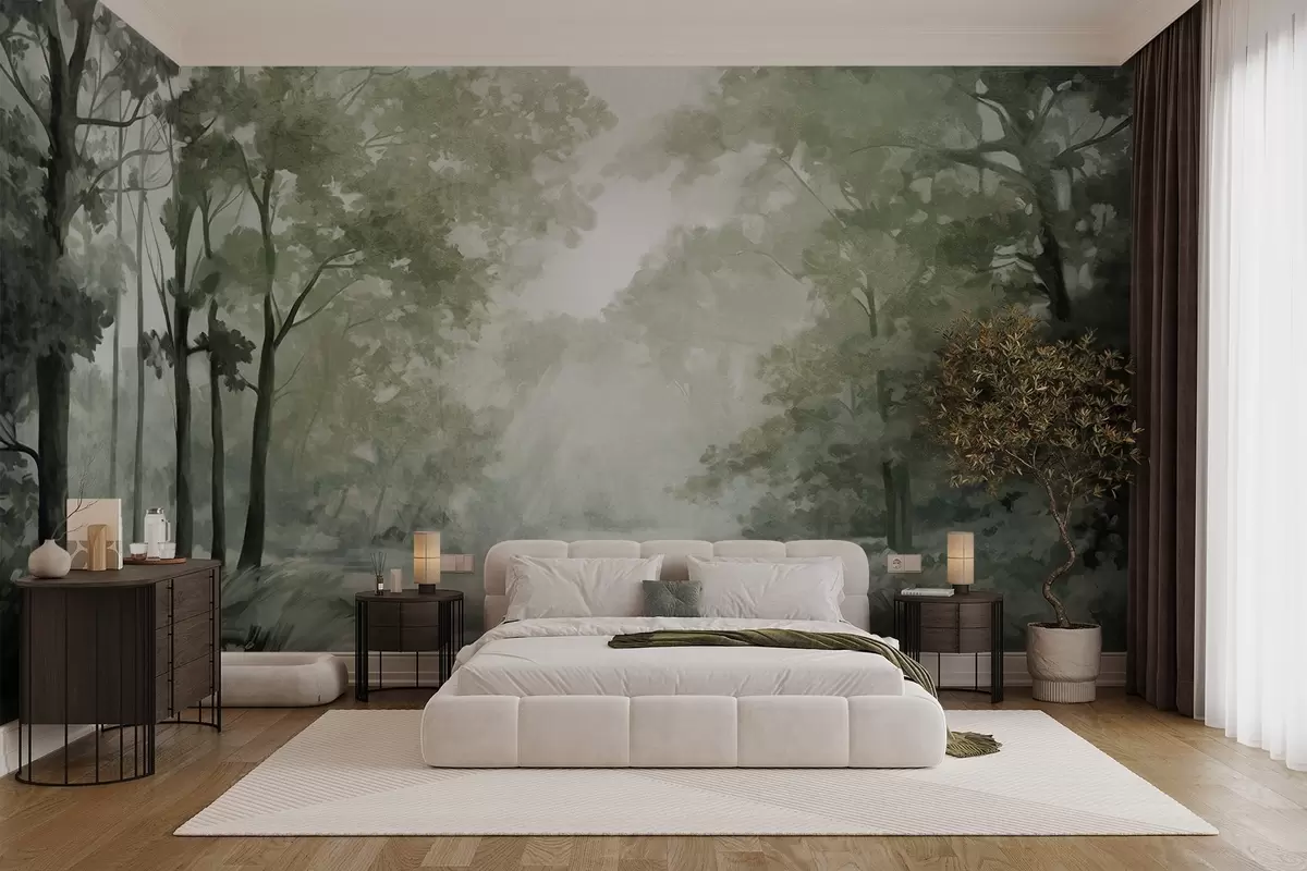 fototapet Peisaj forestier texturat, copaci cu frunze verzi, paletă de culori pastelate w09210v2