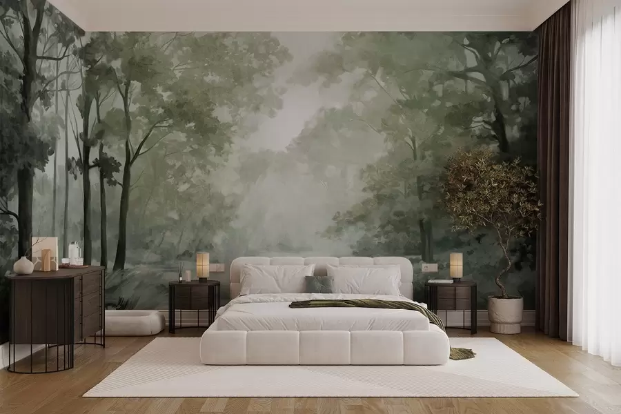 fototapet Peisaj forestier texturat, copaci cu frunze verzi, paletă de culori pastelate w09210v2