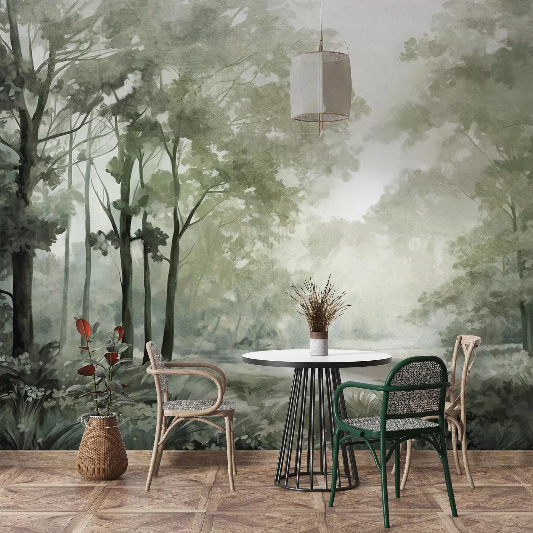 fototapet Peisaj forestier texturat, copaci cu frunze verzi, paletă de culori pastelate w09210v2