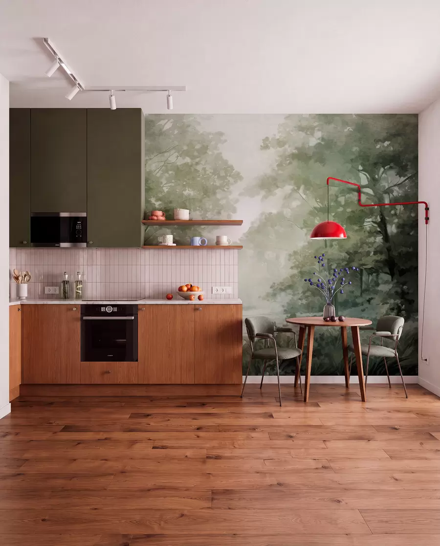 fototapet Peisaj forestier texturat, copaci cu frunze verzi, paletă de culori pastelate w09210v2