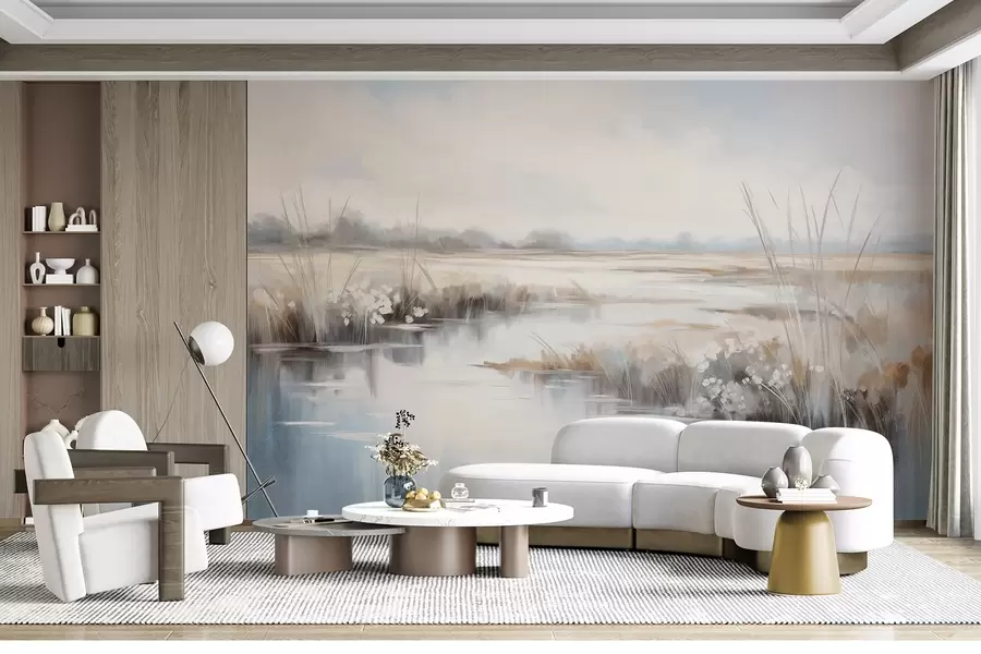 fototapet Peisaj liniștit texturat cu ierburi înalte și apă calmă, culori pastelate moi, copaci îndepărtați la orizont w09213