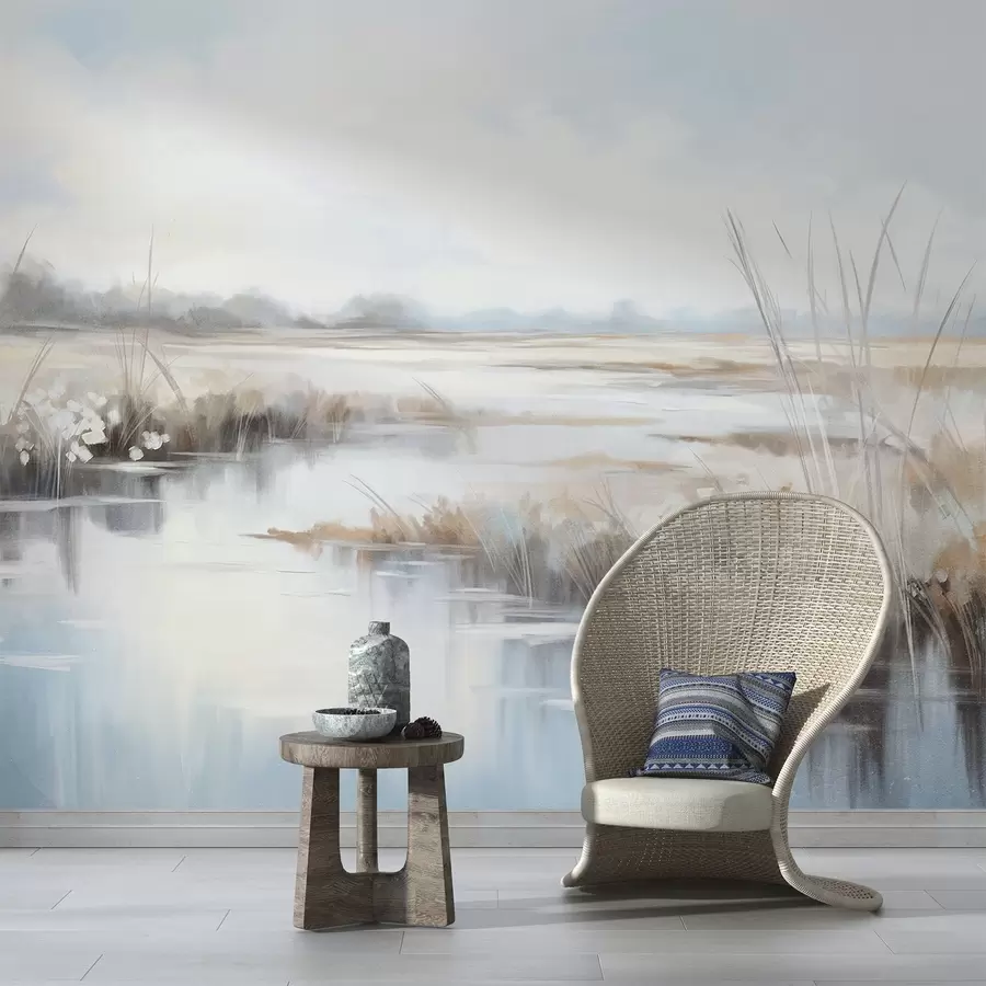 fototapet Peisaj liniștit texturat cu ierburi înalte și apă calmă, culori pastelate moi, copaci îndepărtați la orizont w09213