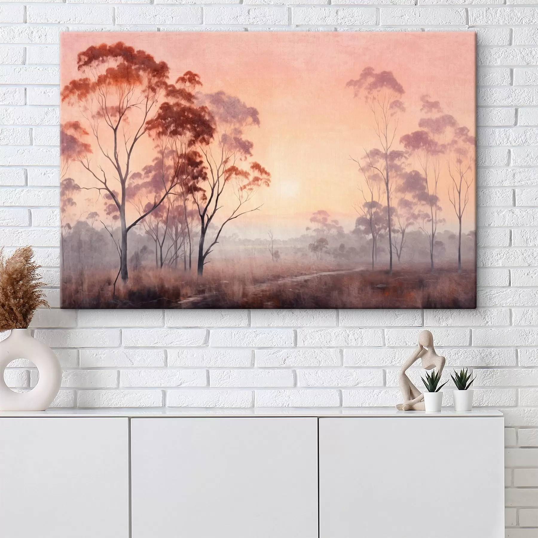 Tablouri O pictură peisagistică a unui câmp cu iarbă înaltă și copaci, soarele este în fundal s44854