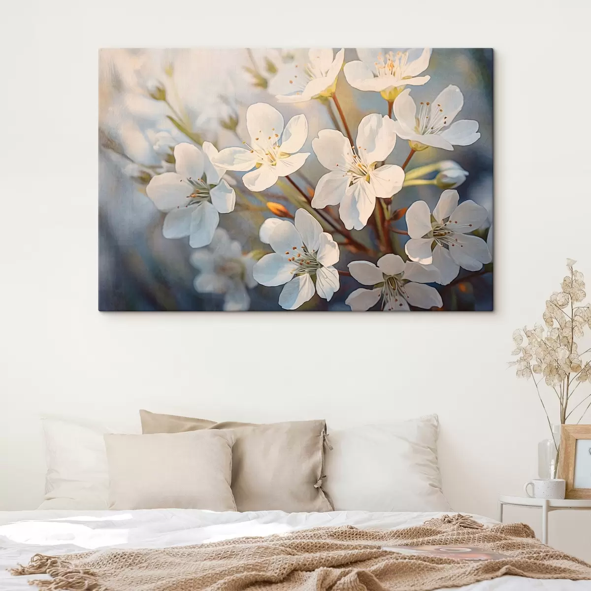 Tablouri Flori de cireș cu textură albă în stil acuarelă, petale delicate, sezonul de primăvară s44859