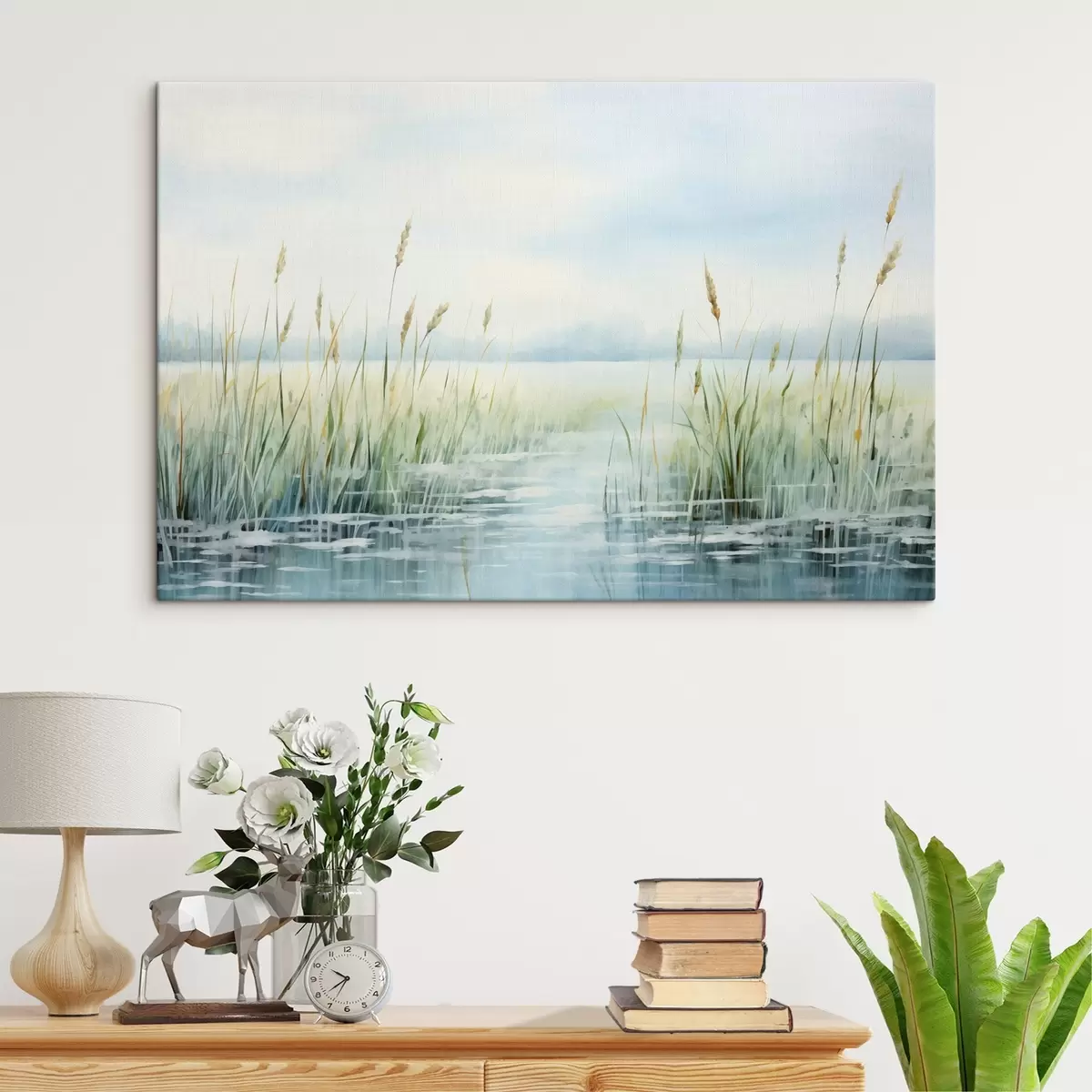 Tablouri O imitație de pictură acuarelă de iarbă înaltă în creștere lângă apă, cer acoperit de nori și fundal neclar  s44860