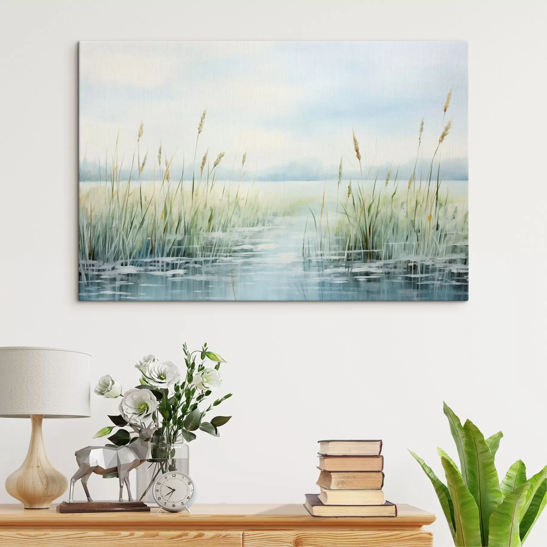 Tablouri O imitație de pictură acuarelă de iarbă înaltă în creștere lângă apă, cer acoperit de nori și fundal neclar  s44860