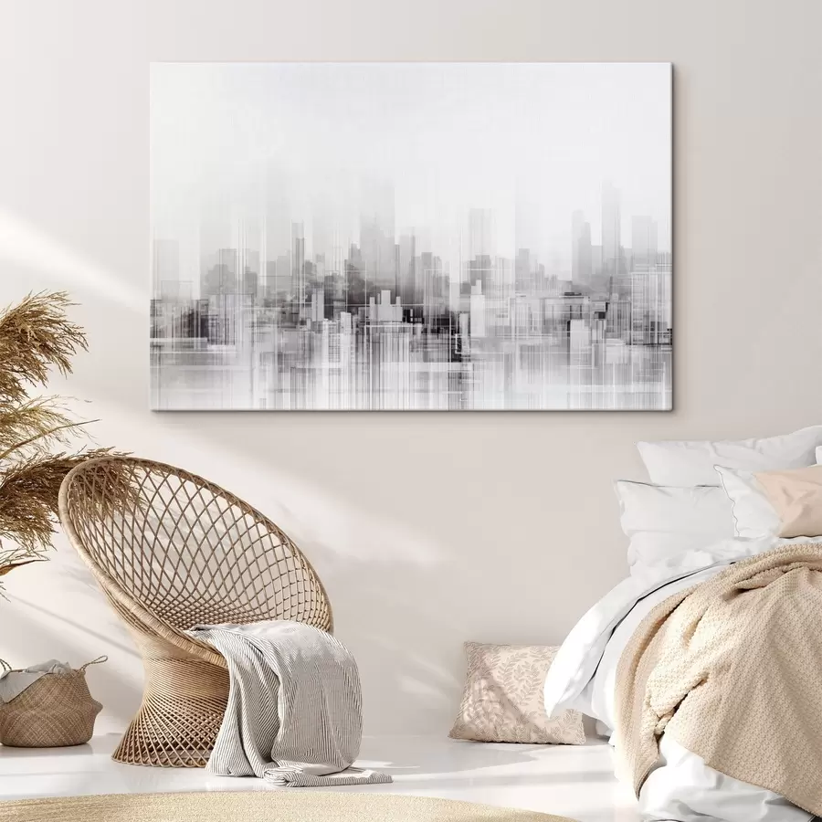 Tablouri Peisaj urban minimalist texturat cu clădiri înalte și zgârie-nori, profilate pe un cer alb s44863