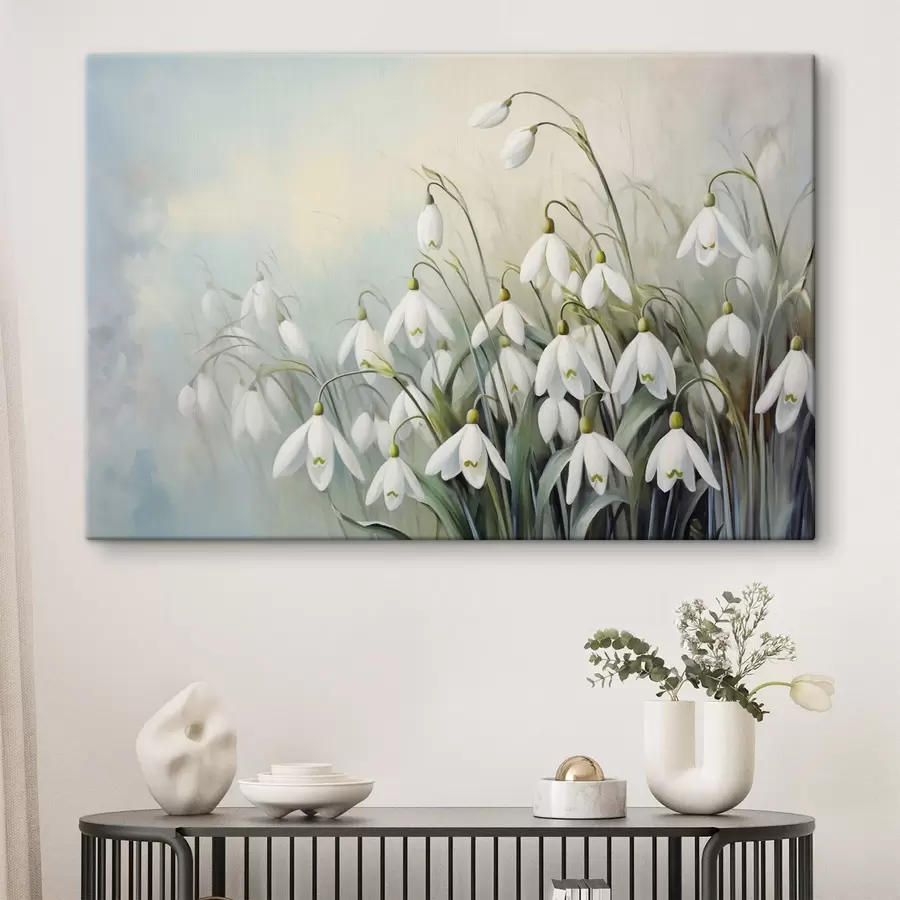 Tablouri Flori albe de ninsoare cu tulpini și frunze albastre și verzi, tușe moi, fundal neclar  s44864