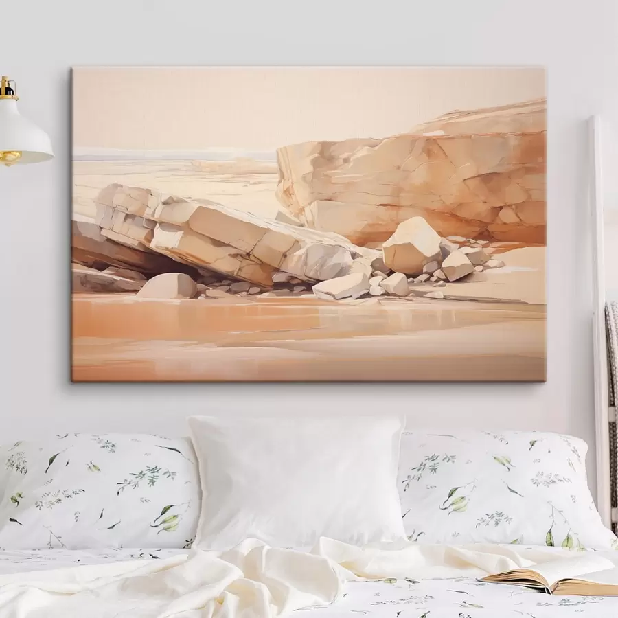 Tablouri Peisaj minimalist de plajă stâncoasă cu bolovani mari maro deschis și apă limpede s44865