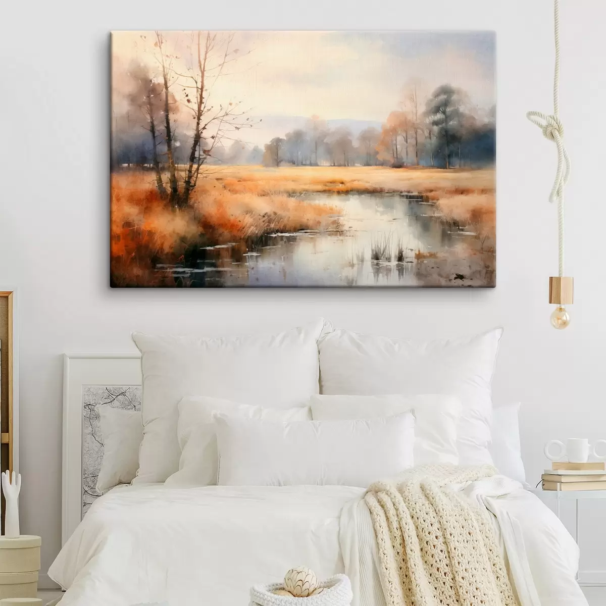 Tablouri Un peisaj liniștit texturat pictura imitație de stuf și copaci goi, apa calmă sub un cer s44867