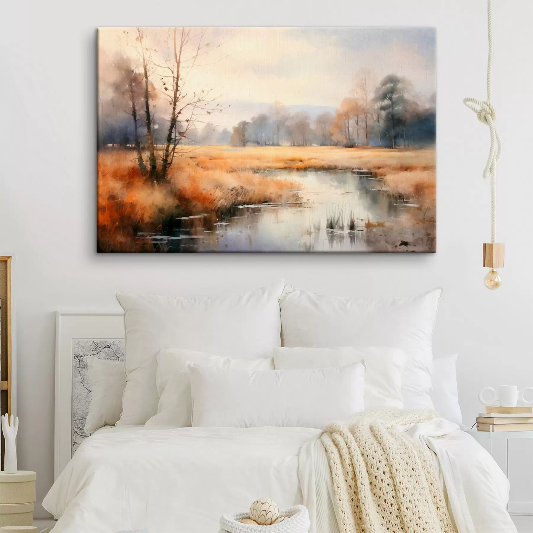 Tablouri Un peisaj liniștit texturat pictura imitație de stuf și copaci goi, apa calmă sub un cer s44867