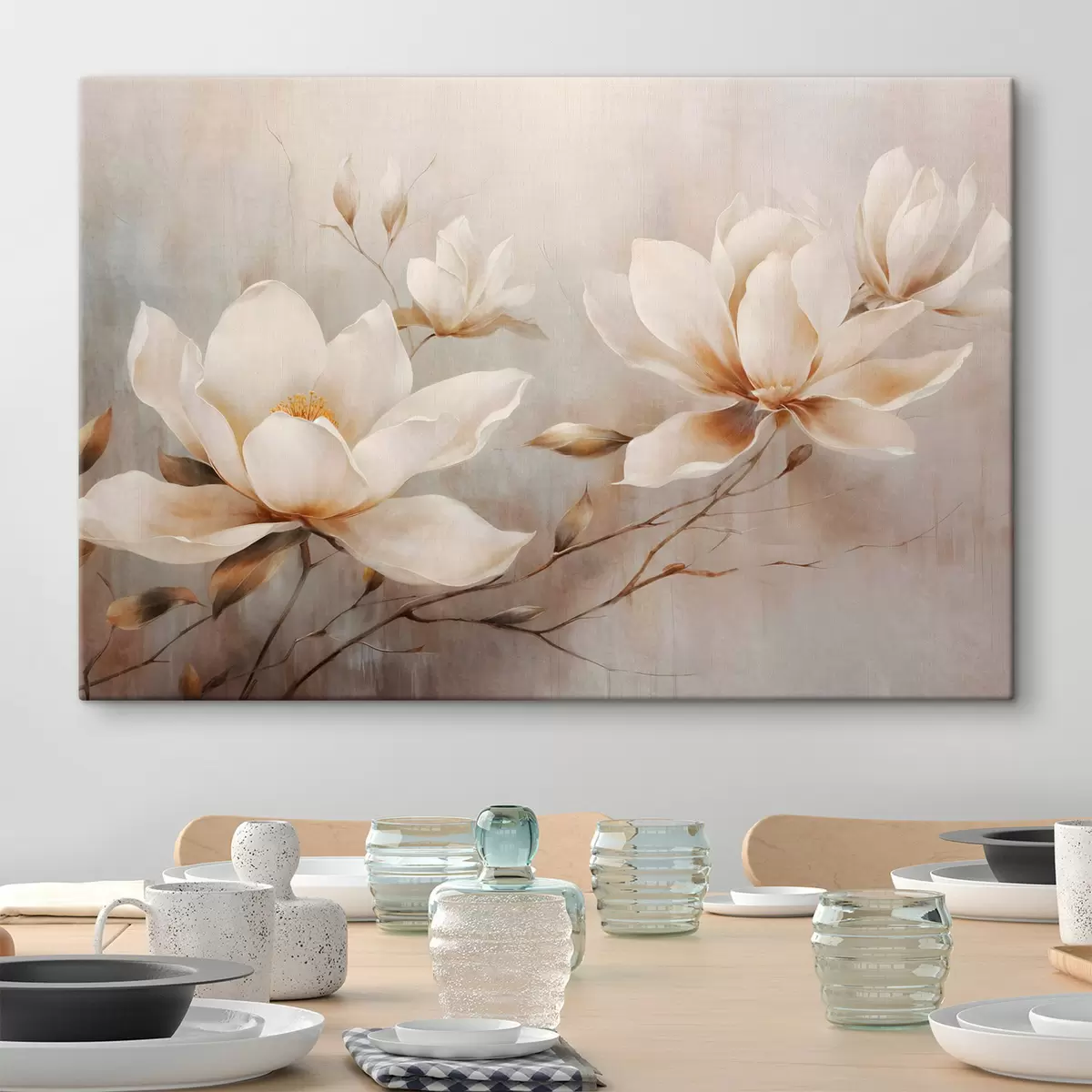 Tablouri Flori de magnolie albe de epocă texturate pe ramuri pe un fundal maro deschis s44869