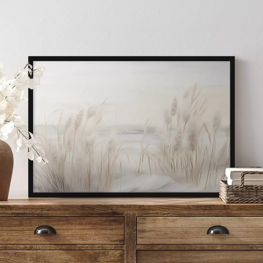 fototapet Reed bej în prim-plan, cu capete de semințe, moale și delicat , un fundal neclar și un cer deschis f44851