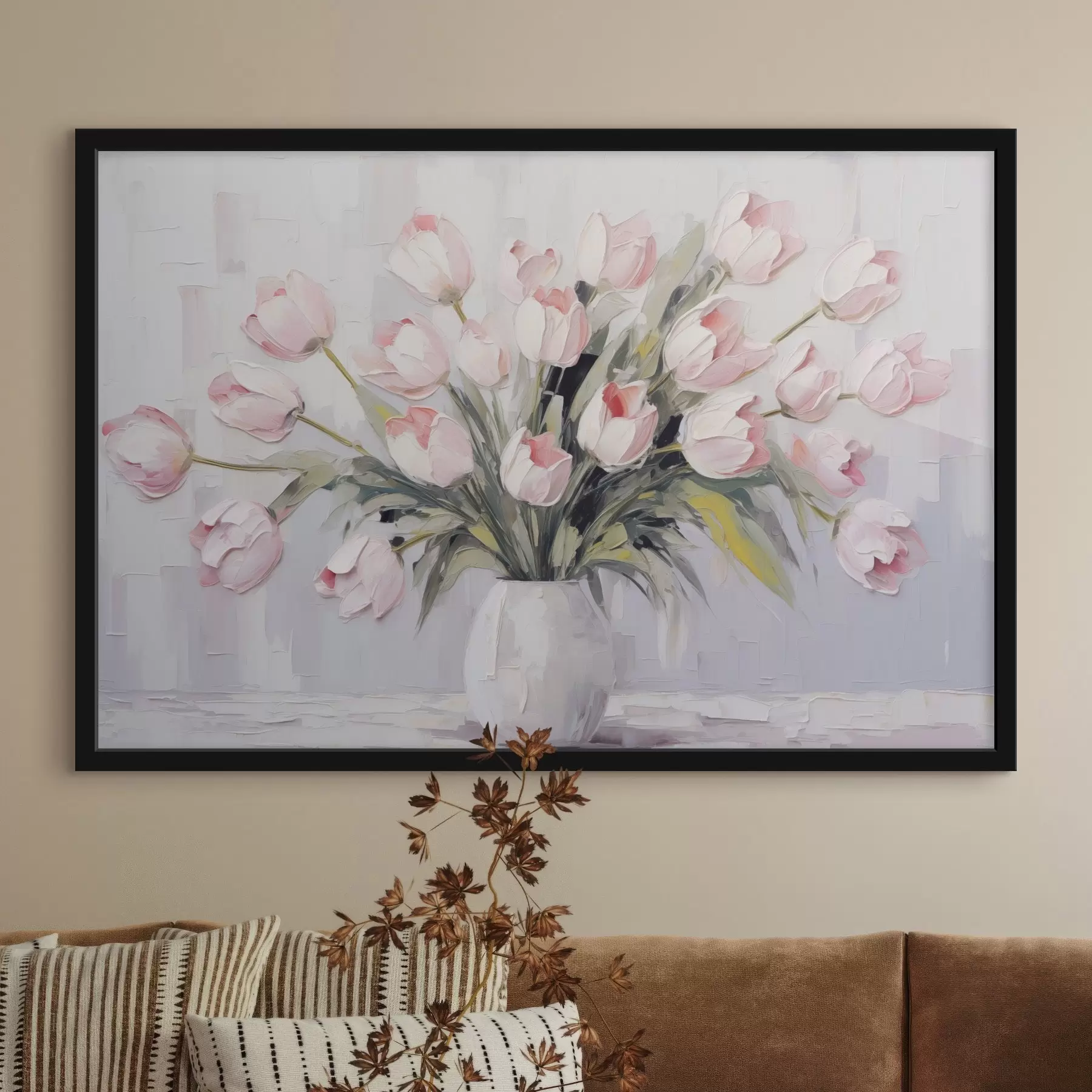 fototapet O vază cu lalele roz, frunze verzi, fundal gri deschis , stil pictură în ulei, tușe groase f44852