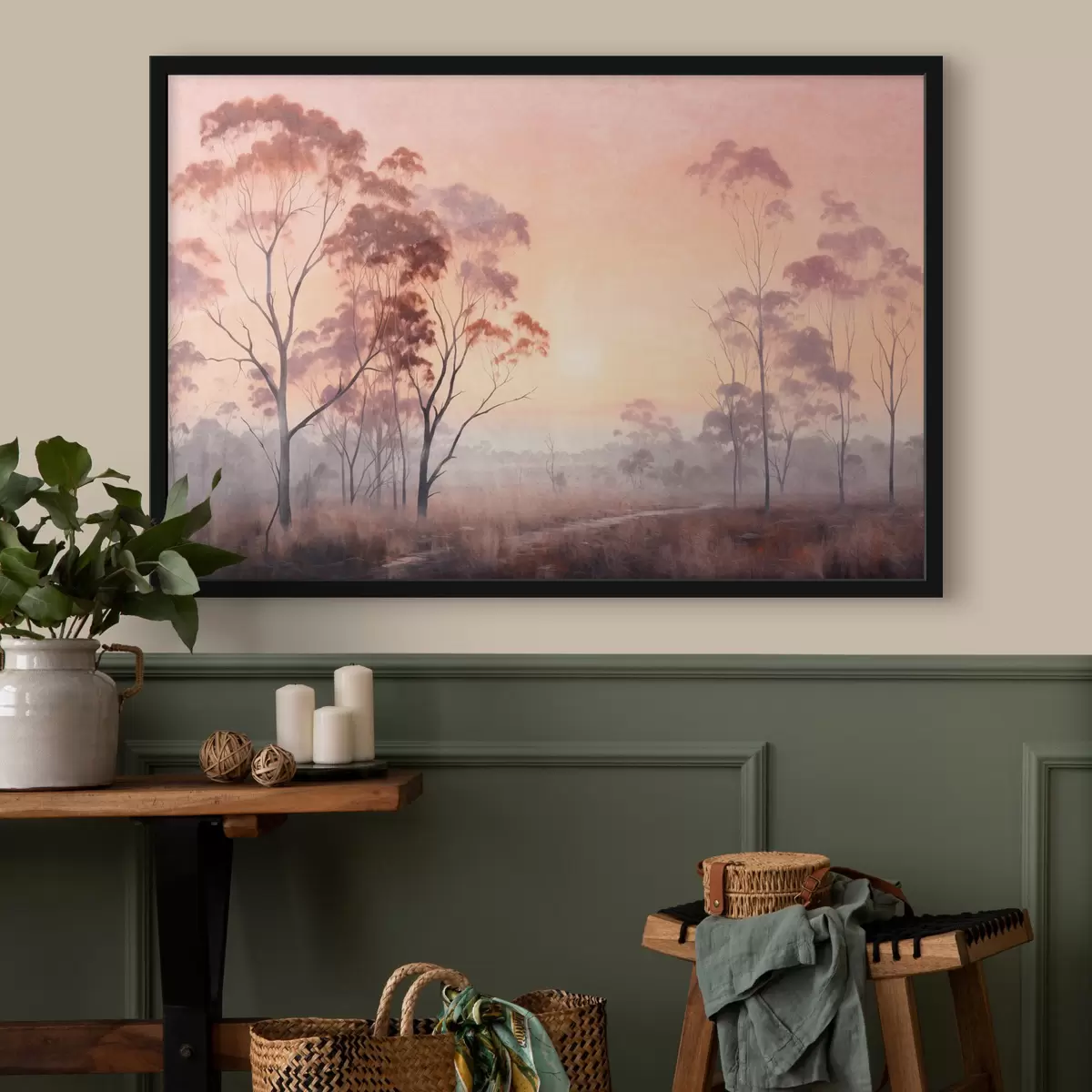 Poster O pictură peisagistică a unui câmp cu iarbă înaltă și copaci, soarele este în fundal f44854