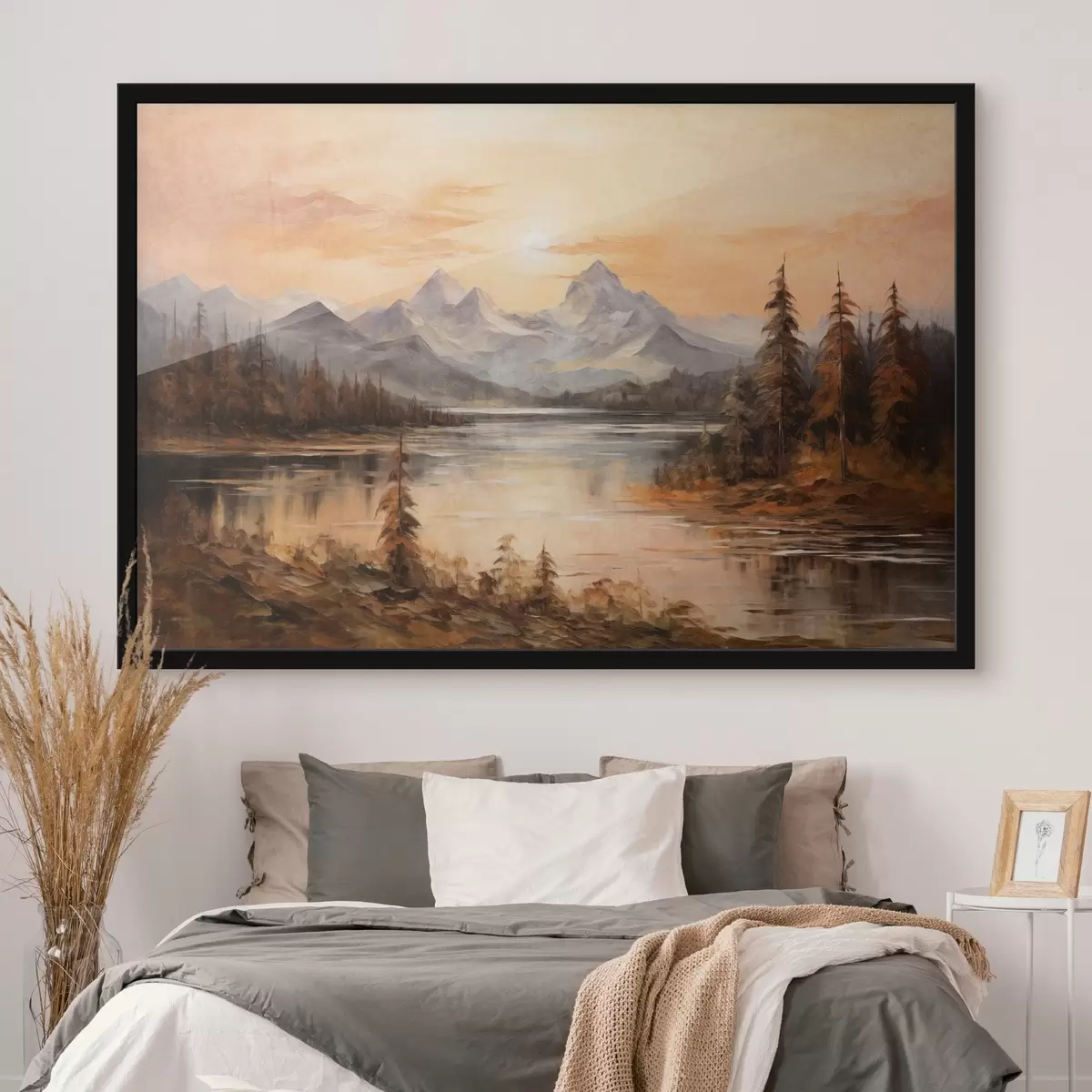 Poster Peisaj cu un lac înconjurat de copaci și munți în fundal, cer portocaliu cu soare f44857